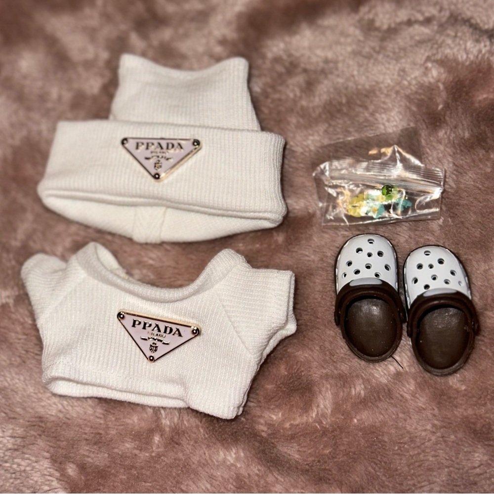 Labubu White Prada Outfit + Brown Crocs With Charms - dolls not included